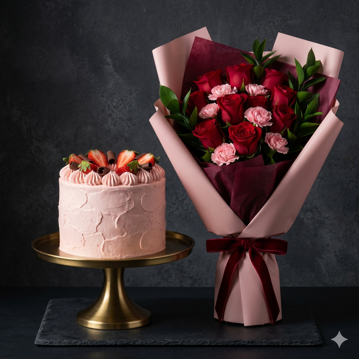 Romantic Red Roses Bouquet & Strawberry Cake Set