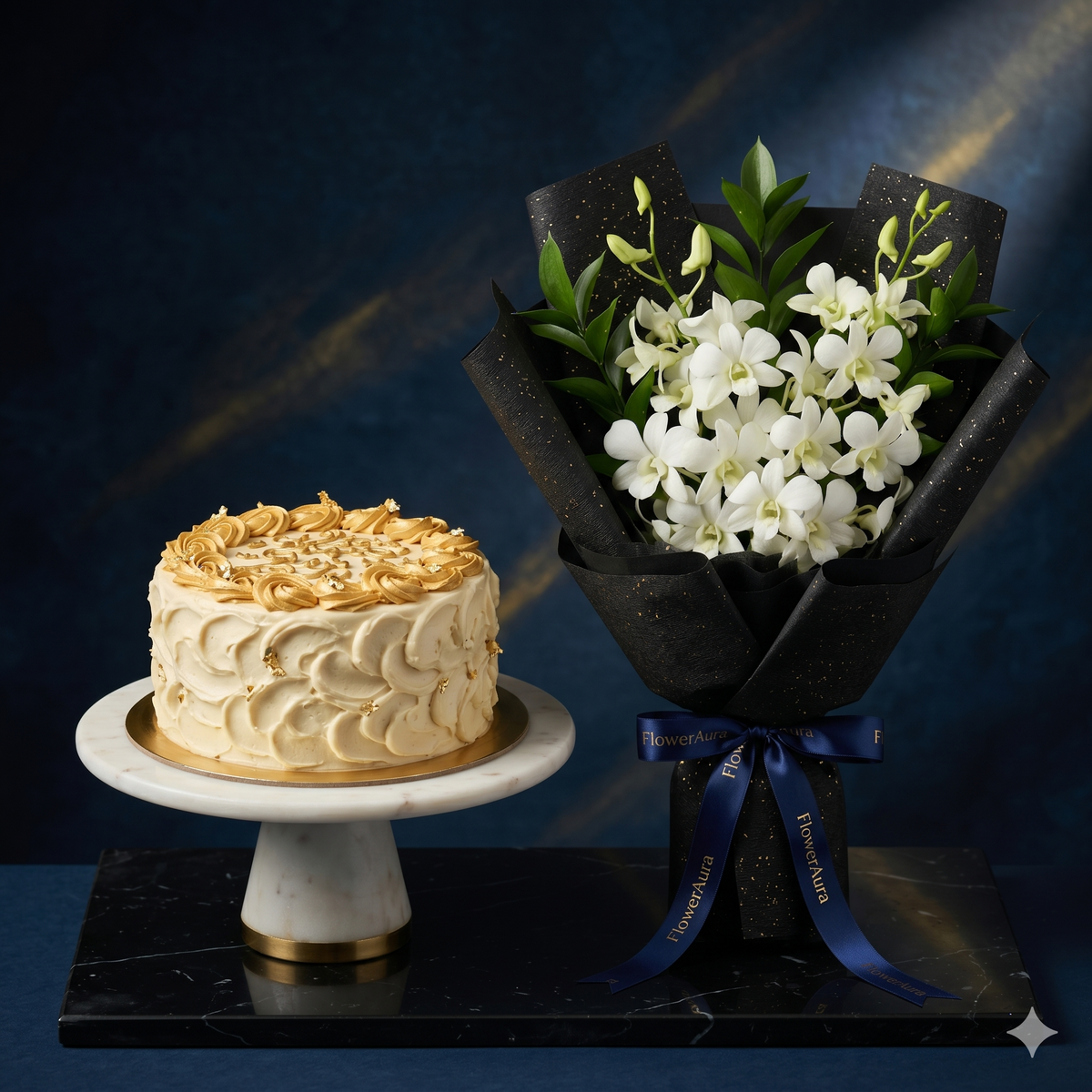 Elegant White Orchid Bouquet and Gold Cake Combo