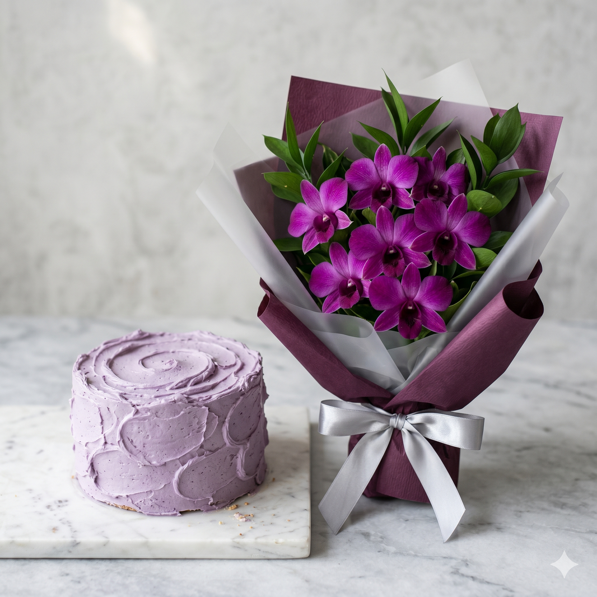 Elegant Purple Orchids and Lavender Cake Set