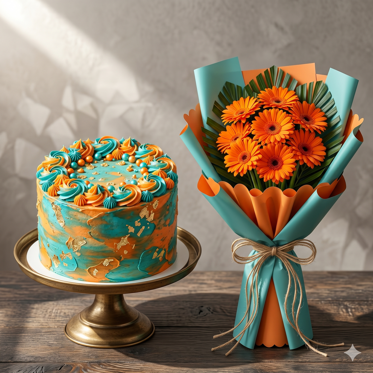 Teal & Orange Cake and Gerbera Daisy Bouquet