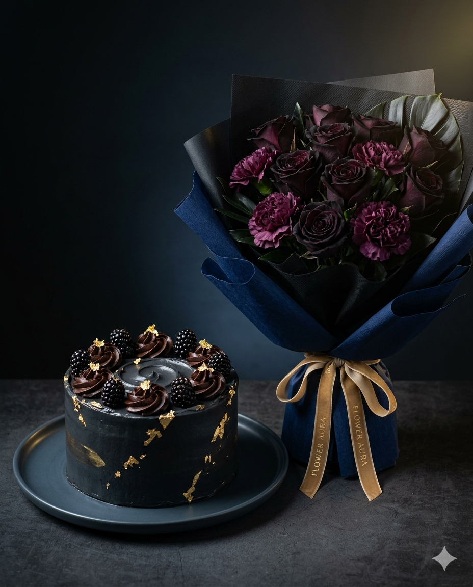 Luxury Anniversary Roses and Chocolate Cake Gift Set