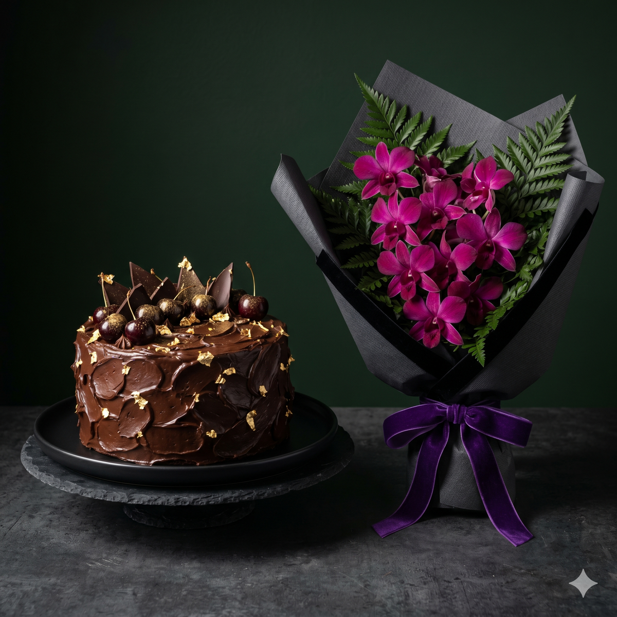 Dark Orchid Bouquet & Gold-Leaf Chocolate Cake