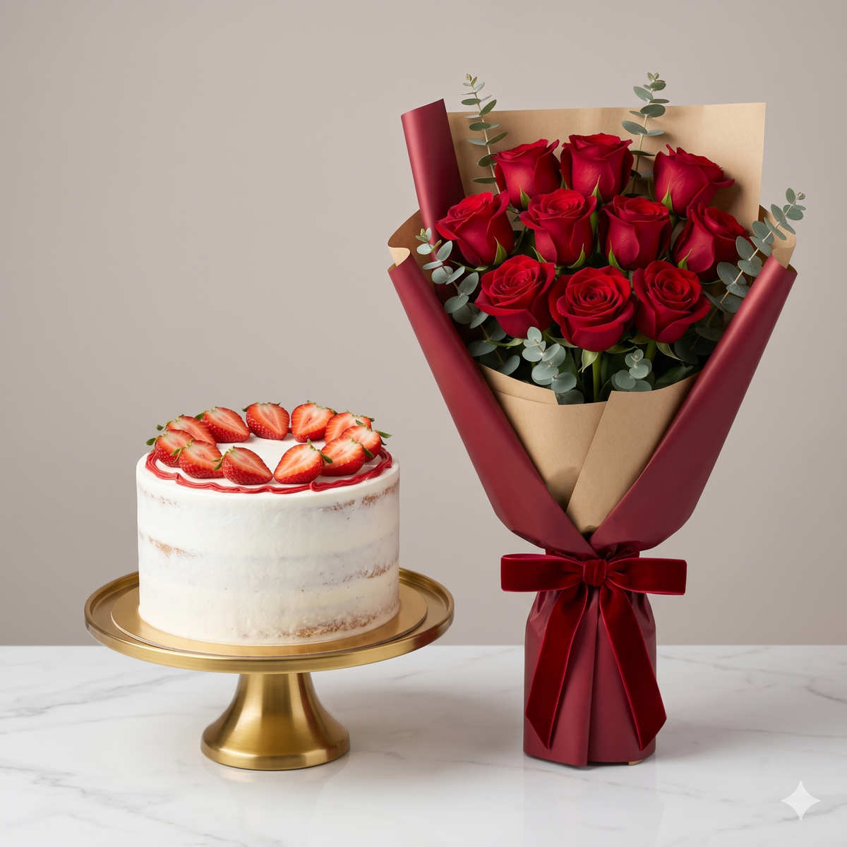 Red Roses Bouquet and Strawberry Cake Anniversary Gift Set