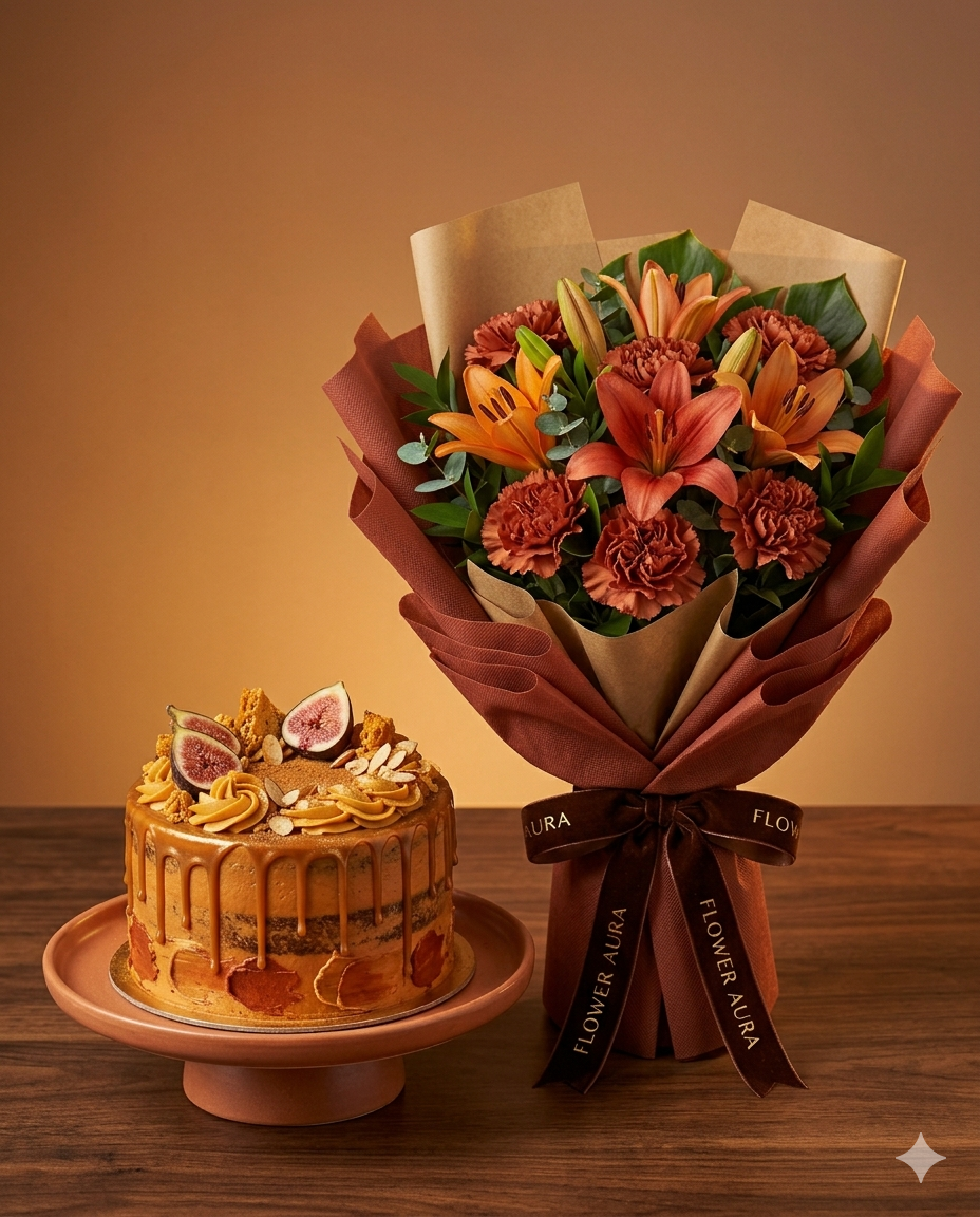 Silver Lavender Rose Bouquet and Dark Chocolate Cake