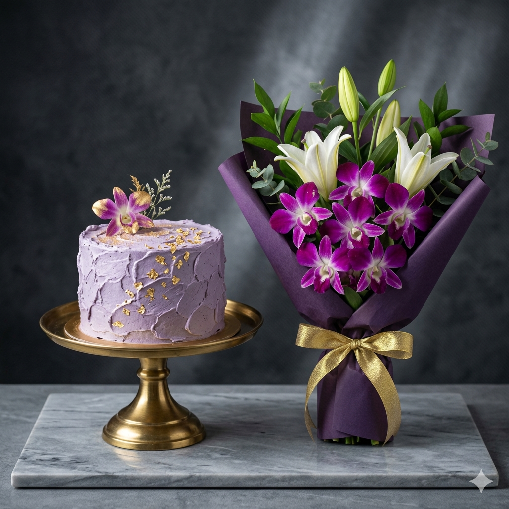 Amethyst Purple Orchid Bouquet and Lavender Gold Cake