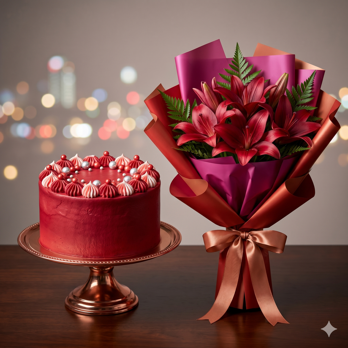 Anniversary Red Lilies Bouquet & Cake Gift Set