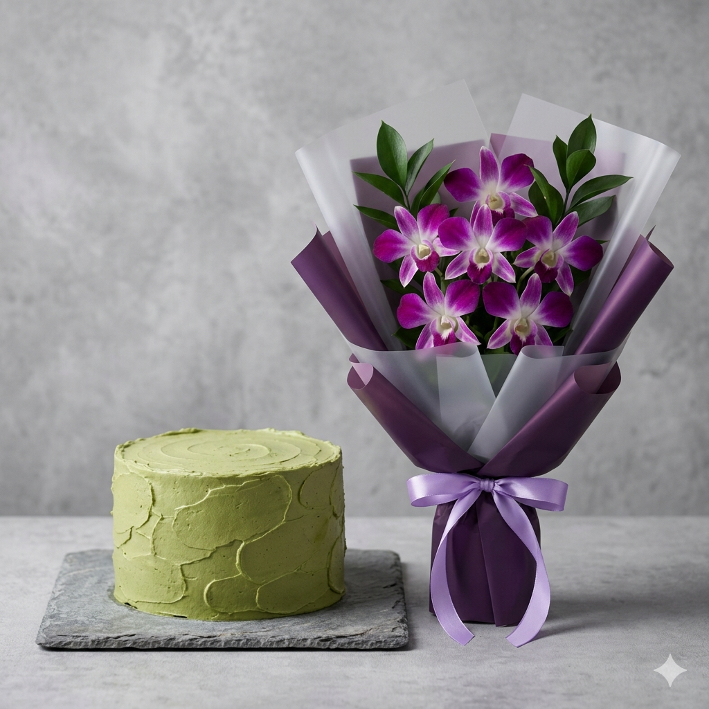 Purple Orchid Bouquet with Matcha Green Cake