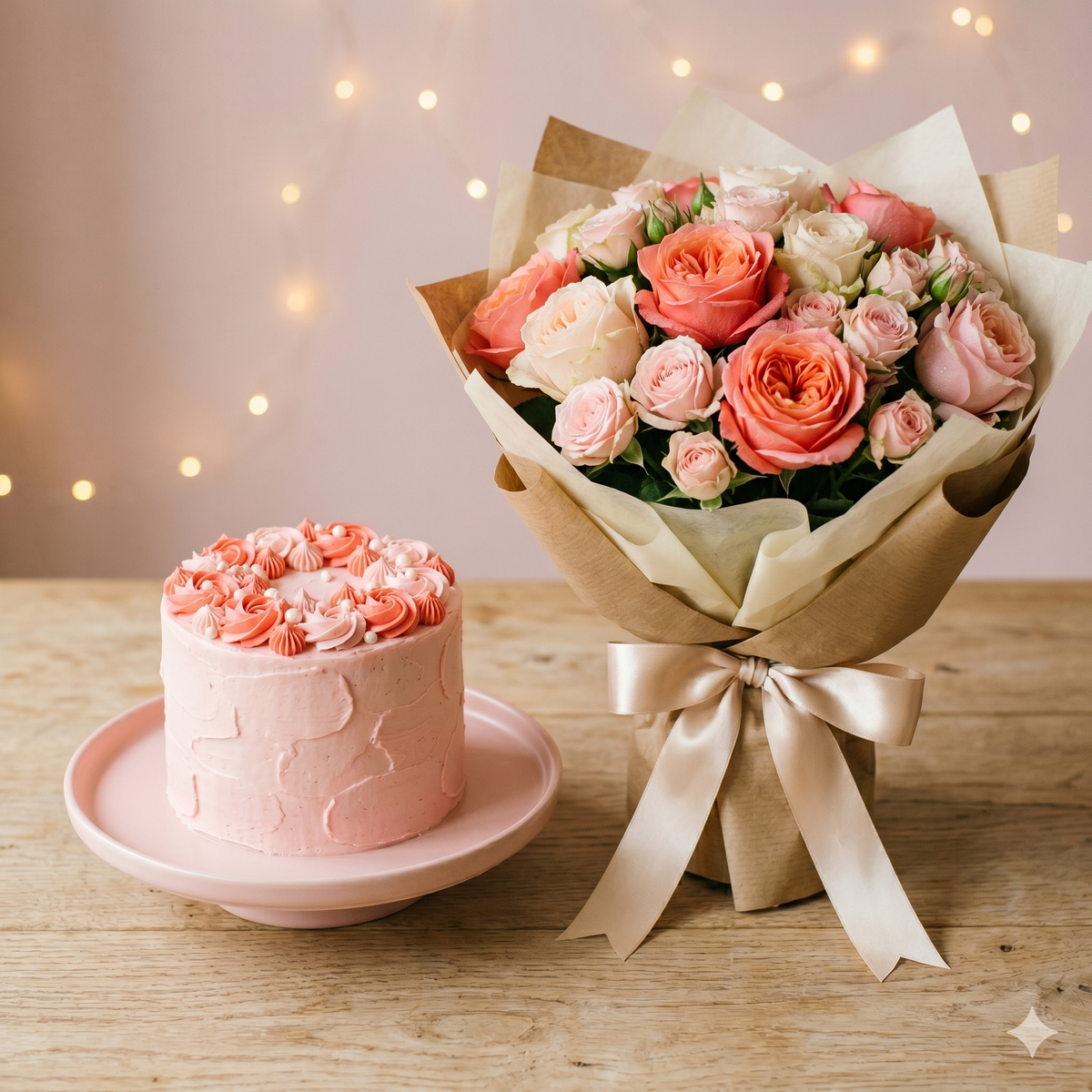 Peach Rose Bouquet and Pink Frosted Cake Gift Set