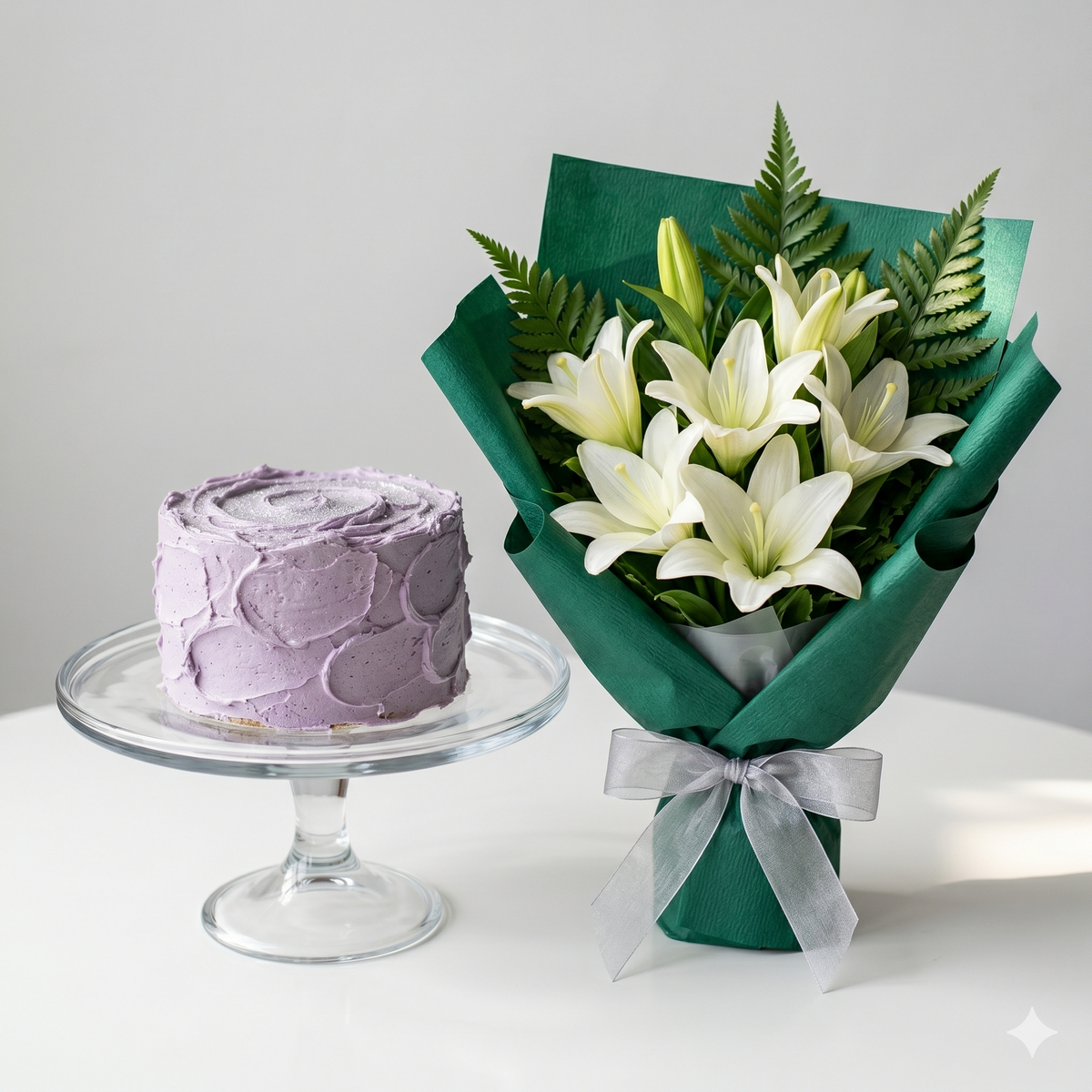 Fresh White Lilies and Lavender Cake Combo