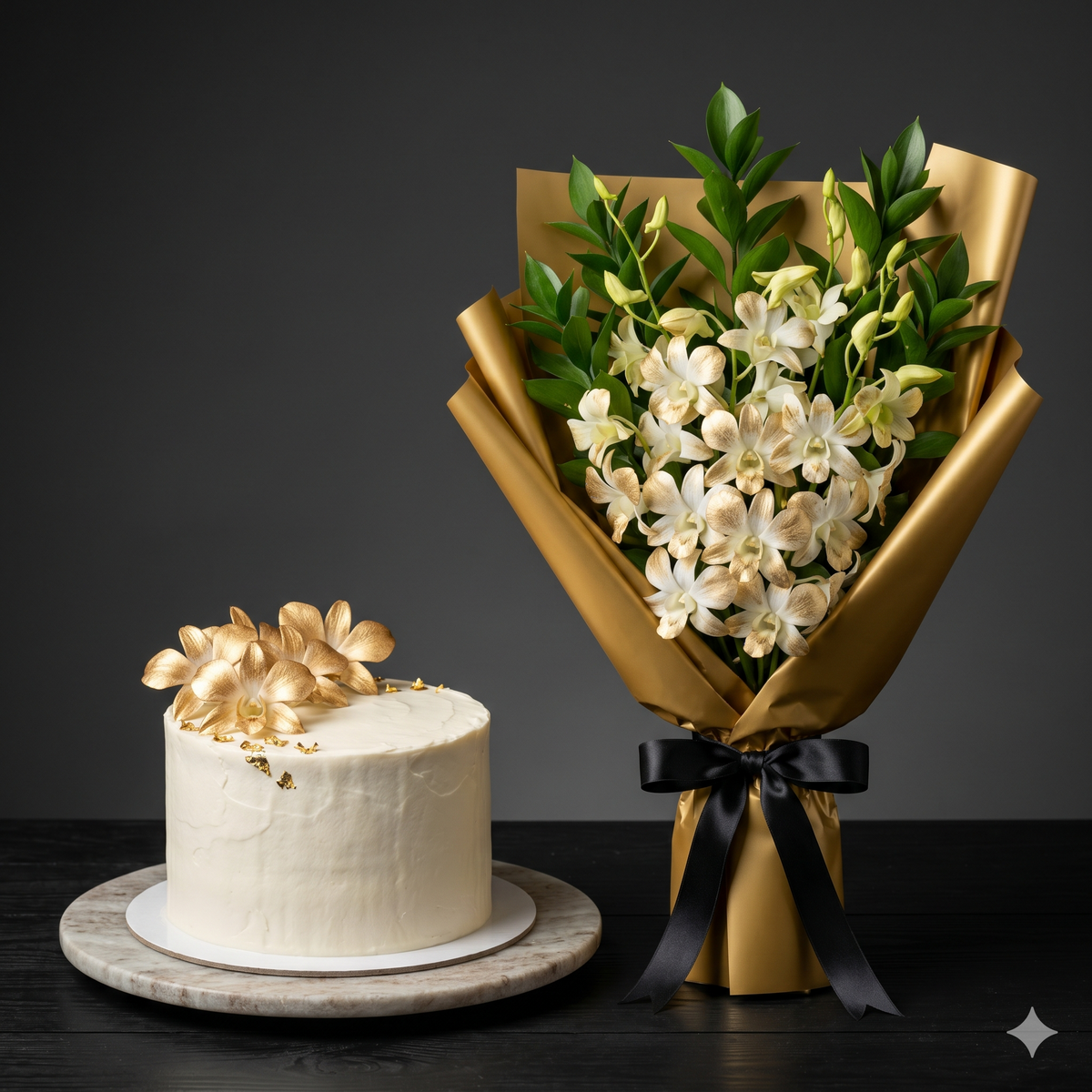 Gold Orchid Bouquet and White Celebration Cake Set