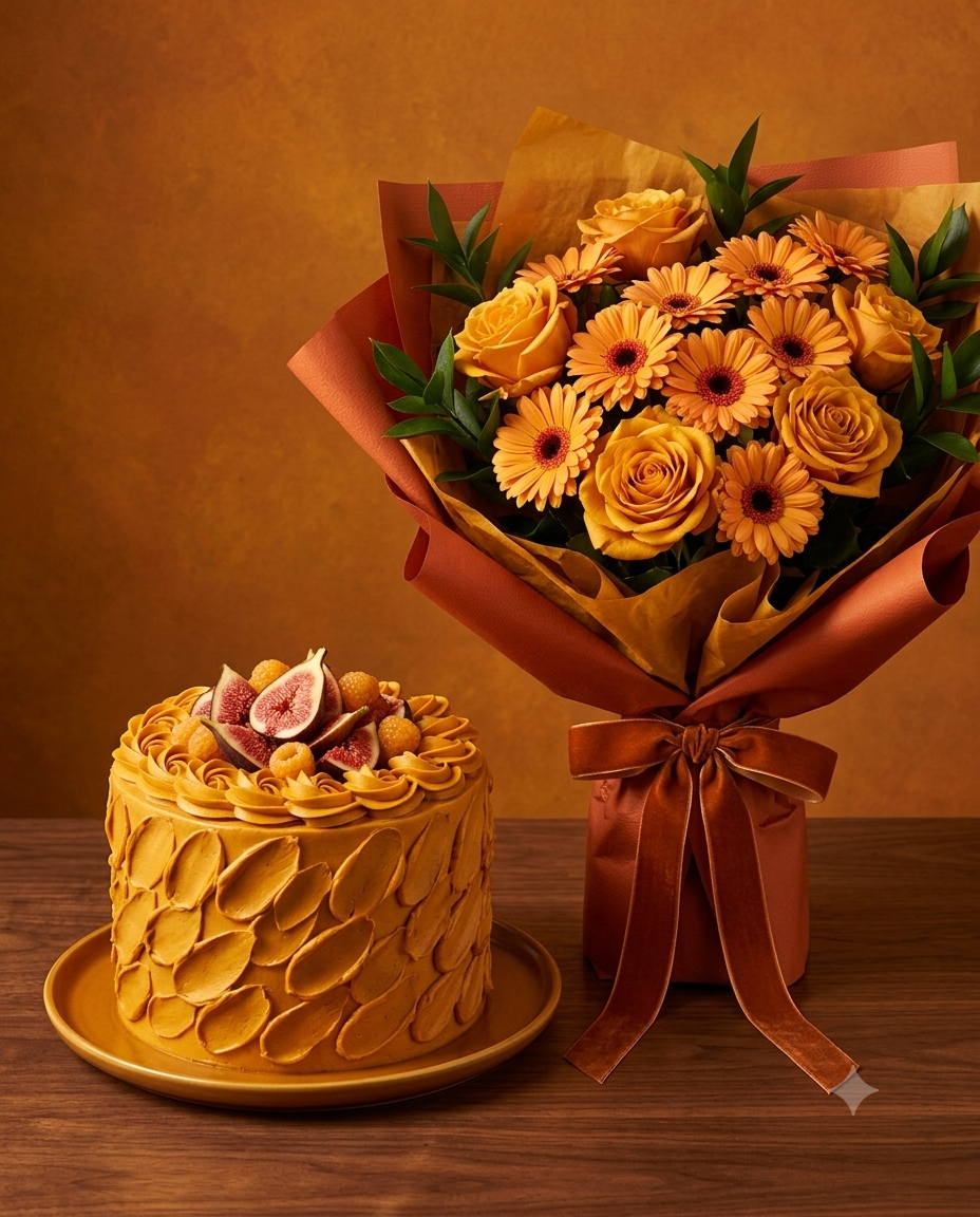 Amber Rose & Gerbera Bouquet with Saffron Fig Cake
