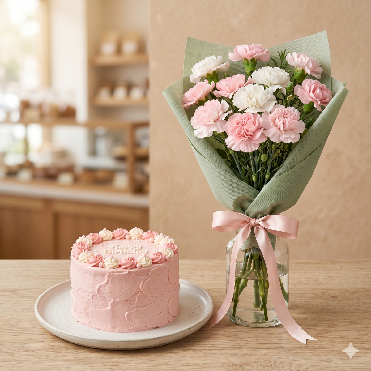 Happy Birthday Pink Cake & Carnation Bouquet