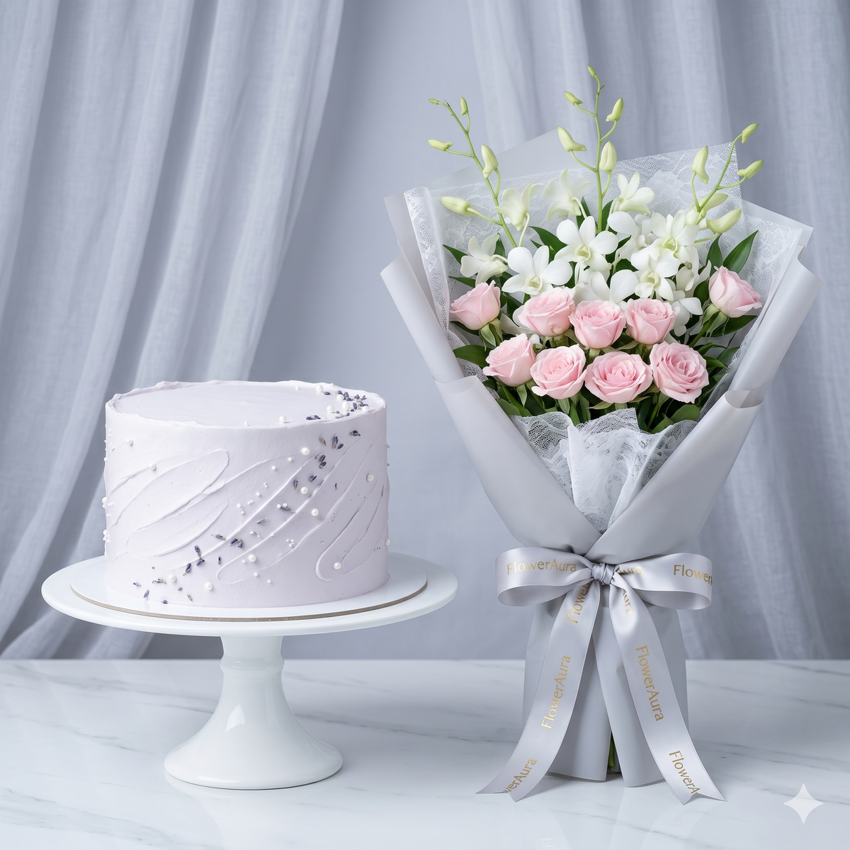 Pink Rose & White Orchid Bouquet with Lavender Cake Set