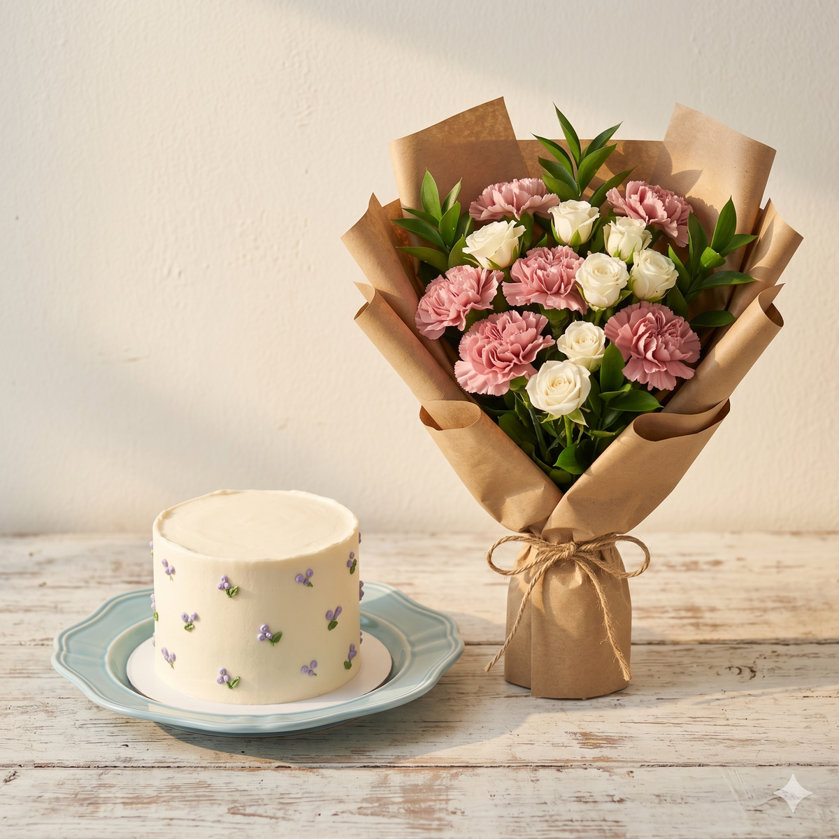 Minimalist Bento Cake & Pink Carnation Bouquet Gift