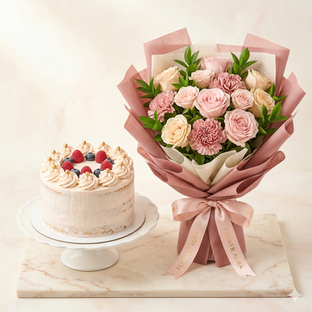 White Rose Midnight Navy Bouquet and Silver Foil Cake