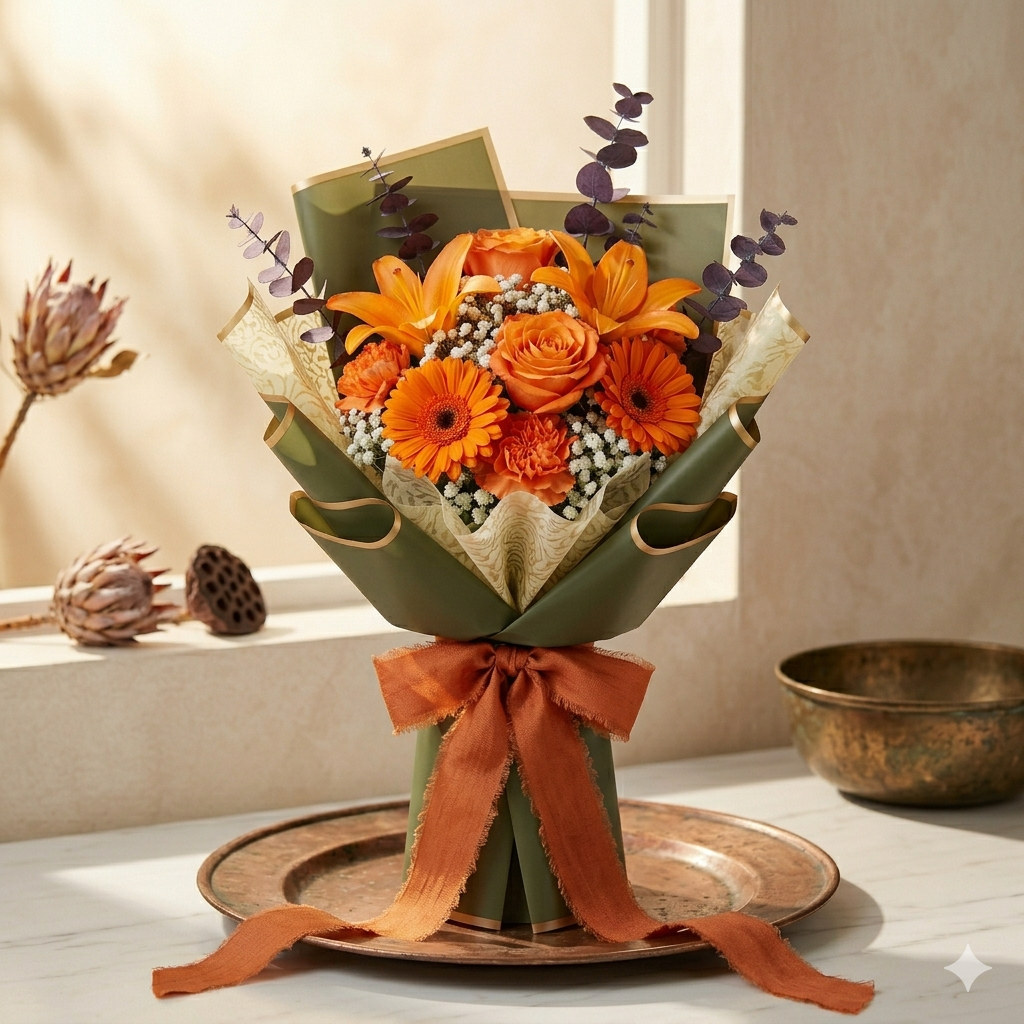 Orange Gerbera Lily Bouquet with Sage Green Wrapping
