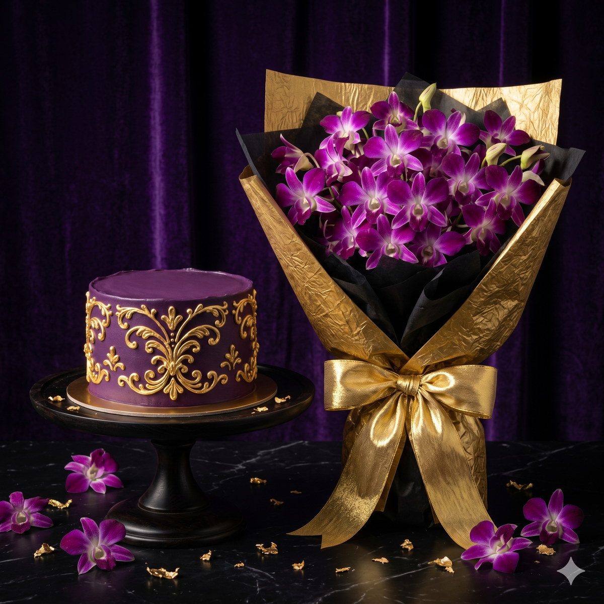 Royal Purple Orchid Bouquet & Gold Cake Set