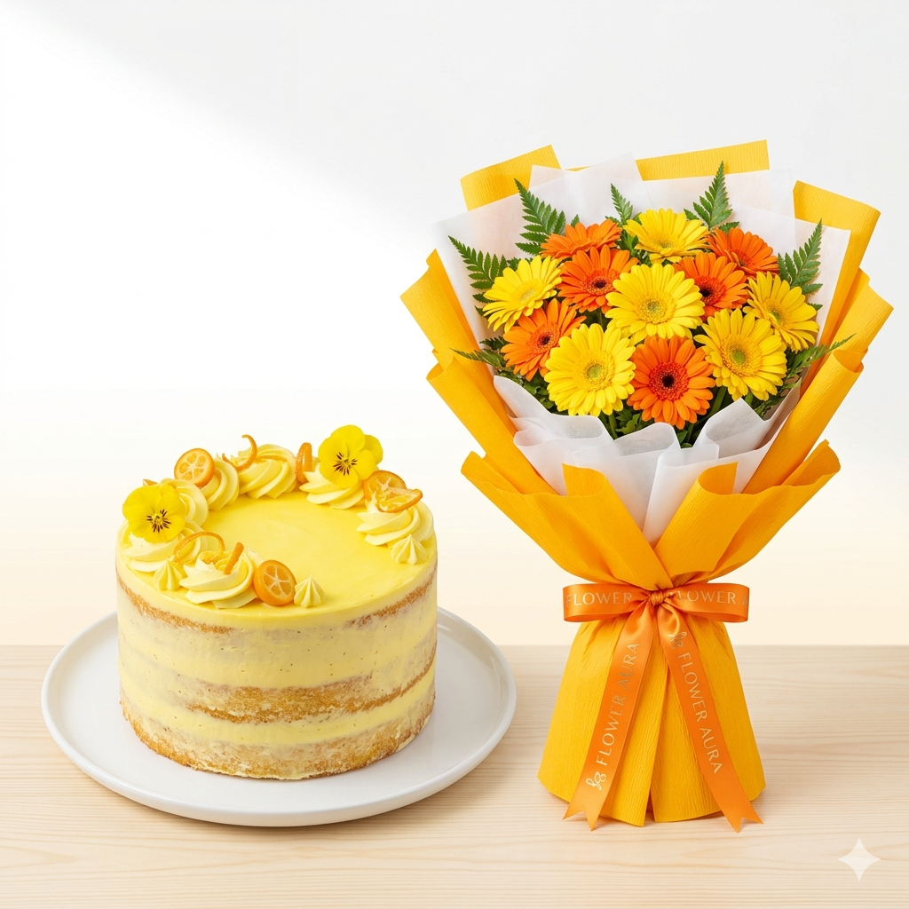 Yellow Gerbera Bouquet & Cake Gift Combo