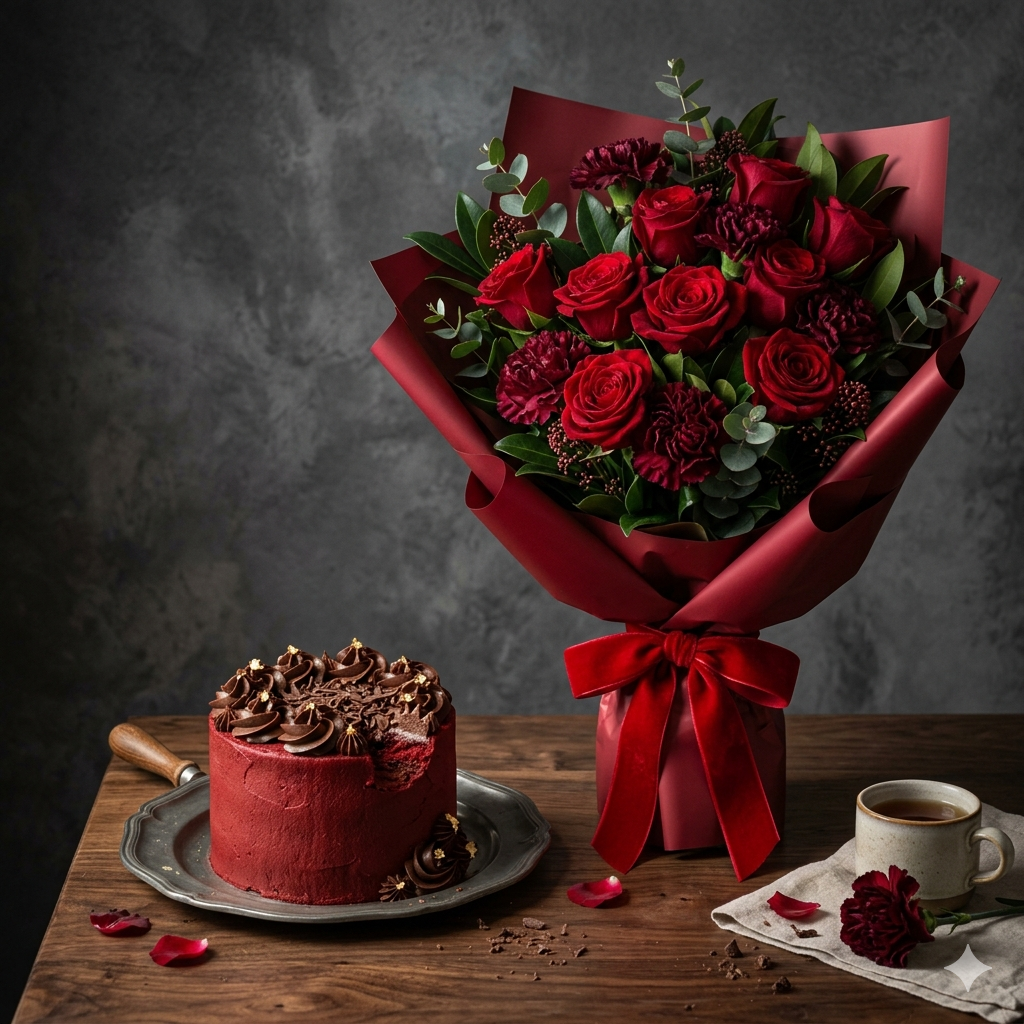 Deep Red Velvet Rose Bouquet and Chocolate Flake Cake