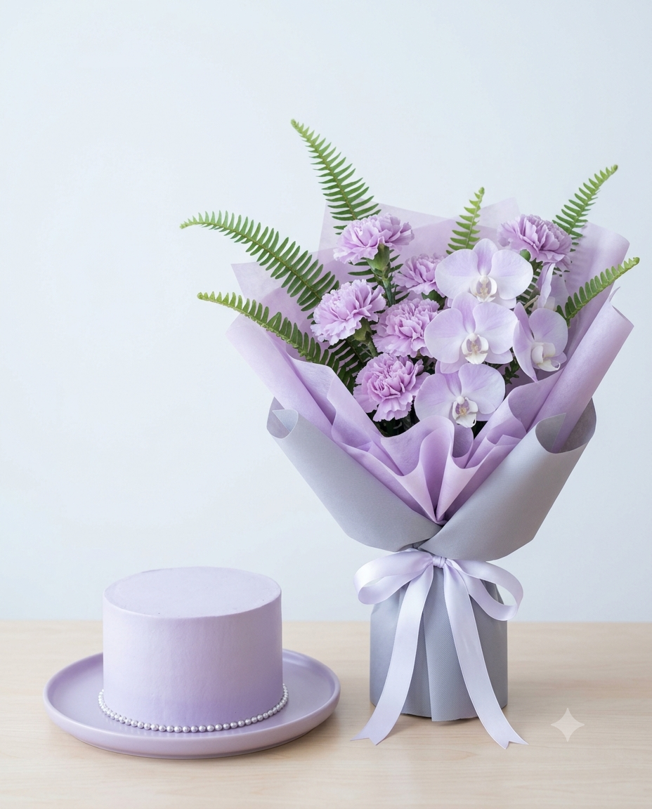 Lilac Cake & Lavender Carnation Orchid Bouquet Combo