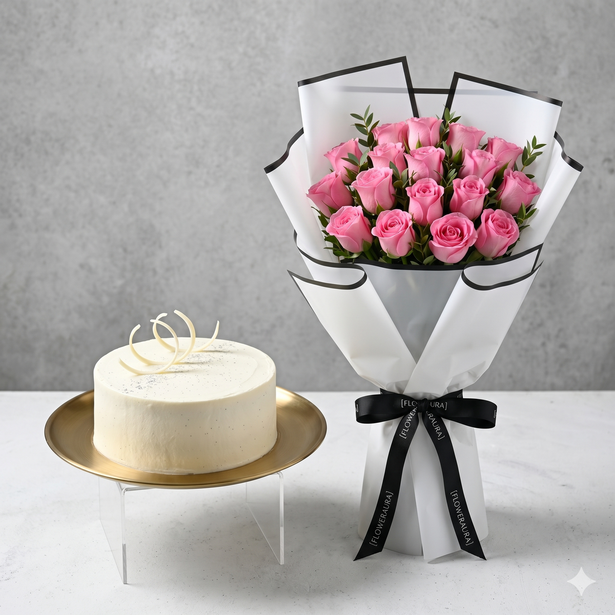 Pink Rose Bouquet and Vanilla Cake Set