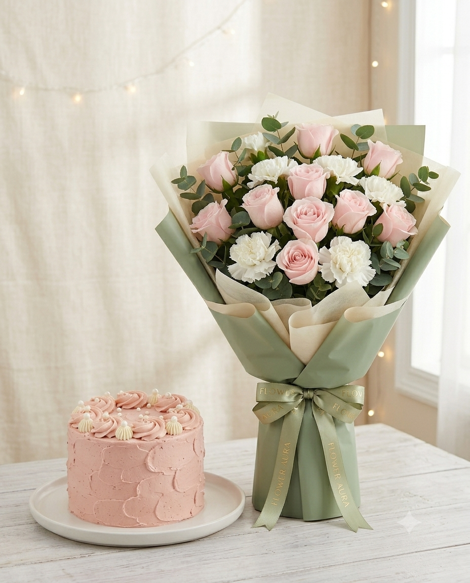Pink Rose & Carnation Bouquet with Blush Cake Combo