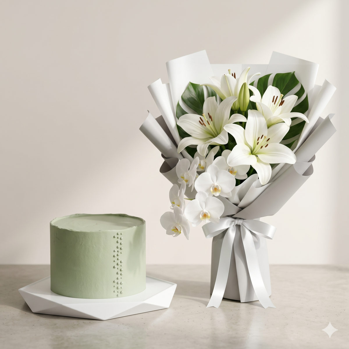 White Lily & Orchid Bouquet with Green Cake Set