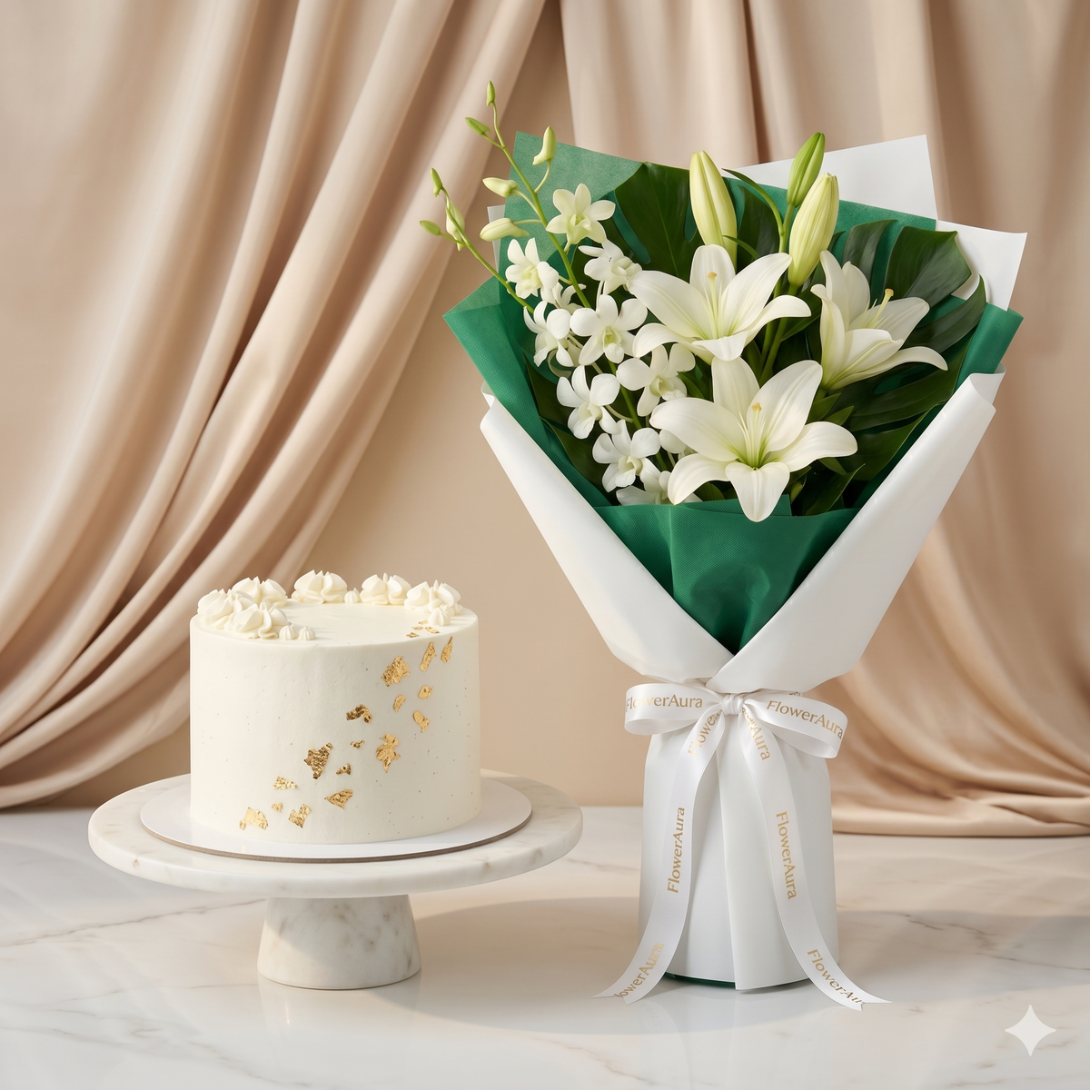 Elegant White Lily & Orchid Bouquet with Gold Leaf Cake