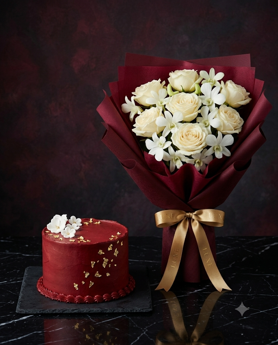 Crimson Maroon Rose Bouquet and Golden Velvet Cake