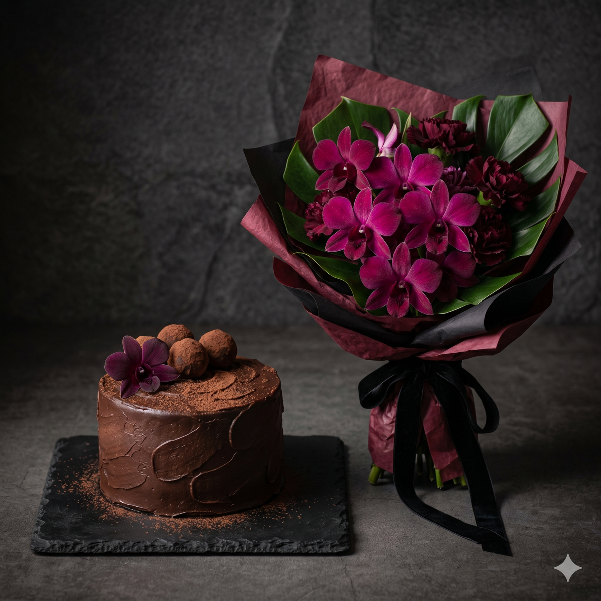 Luxurious Orchid Bouquet & Chocolate Truffle Cake Set
