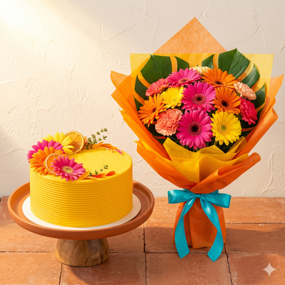 Cheerful Gerbera Bouquet & Sunny Yellow Cake Gift