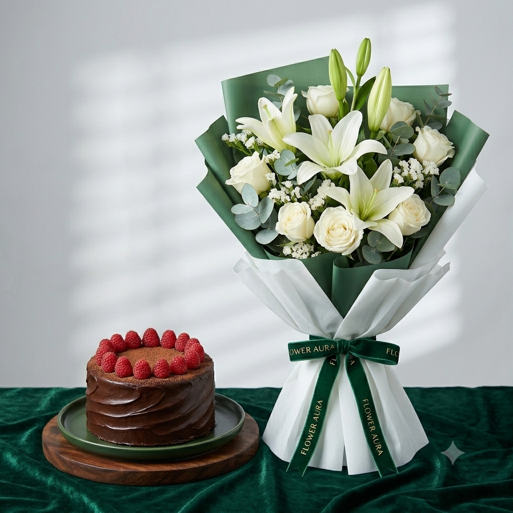 White Lily & Rose Bouquet with Chocolate Cake Combo