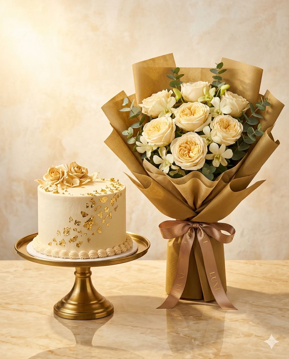 Golden Champagne Rose Bouquet and Birthday Cake