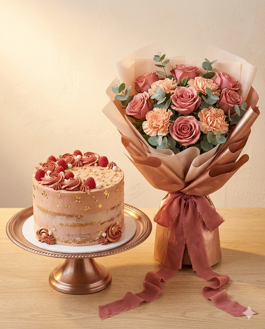 Rose Gold Opulence Bento Cake and Anniversary Roses Combo