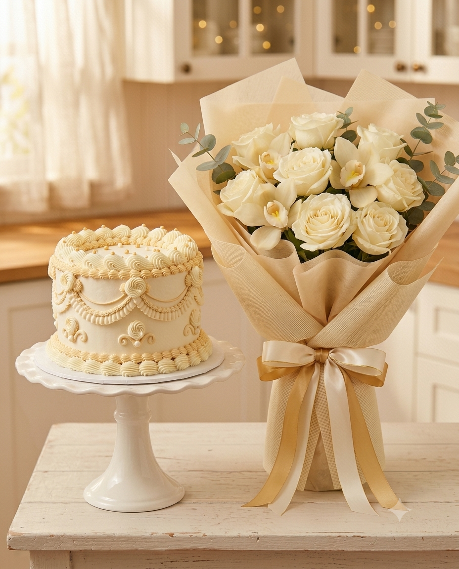 Ivory Rose Bouquet with Vintage Cake  Elegant Gift Combo