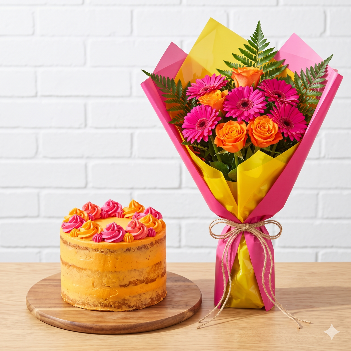 Pink Gerbera & Orange Rose Birthday Bouquet with Cake