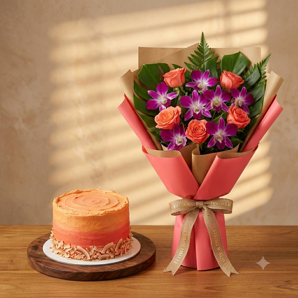 Rose & Orchid Bouquet with Ombre Cake  Gift Combo