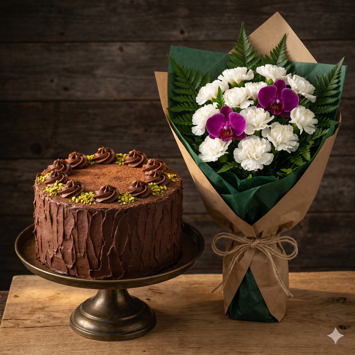 Birthday Chocolate Cake & Purple Orchid Bouquet