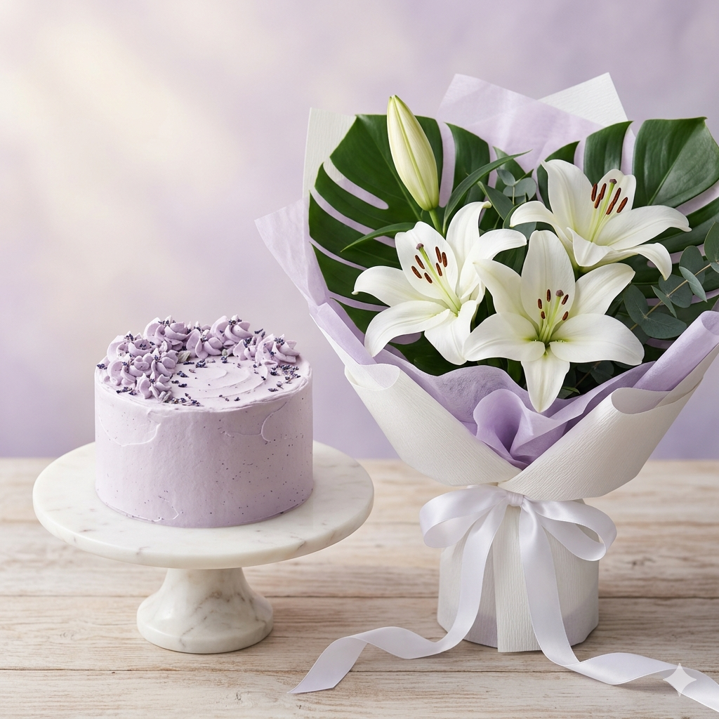 White Lily and Lavender Gift Bouquet