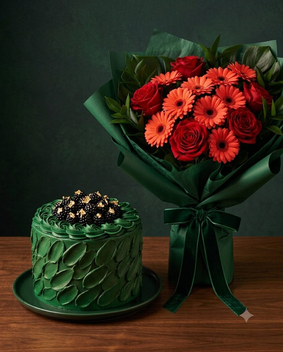 Red Rose & Gerbera Bouquet with Forest Green Cake Combo