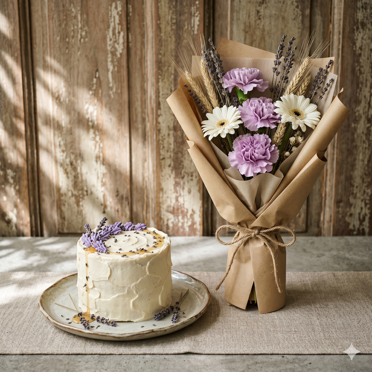 Rustic Purple Carnation Bouquet & Lavender Cake Set