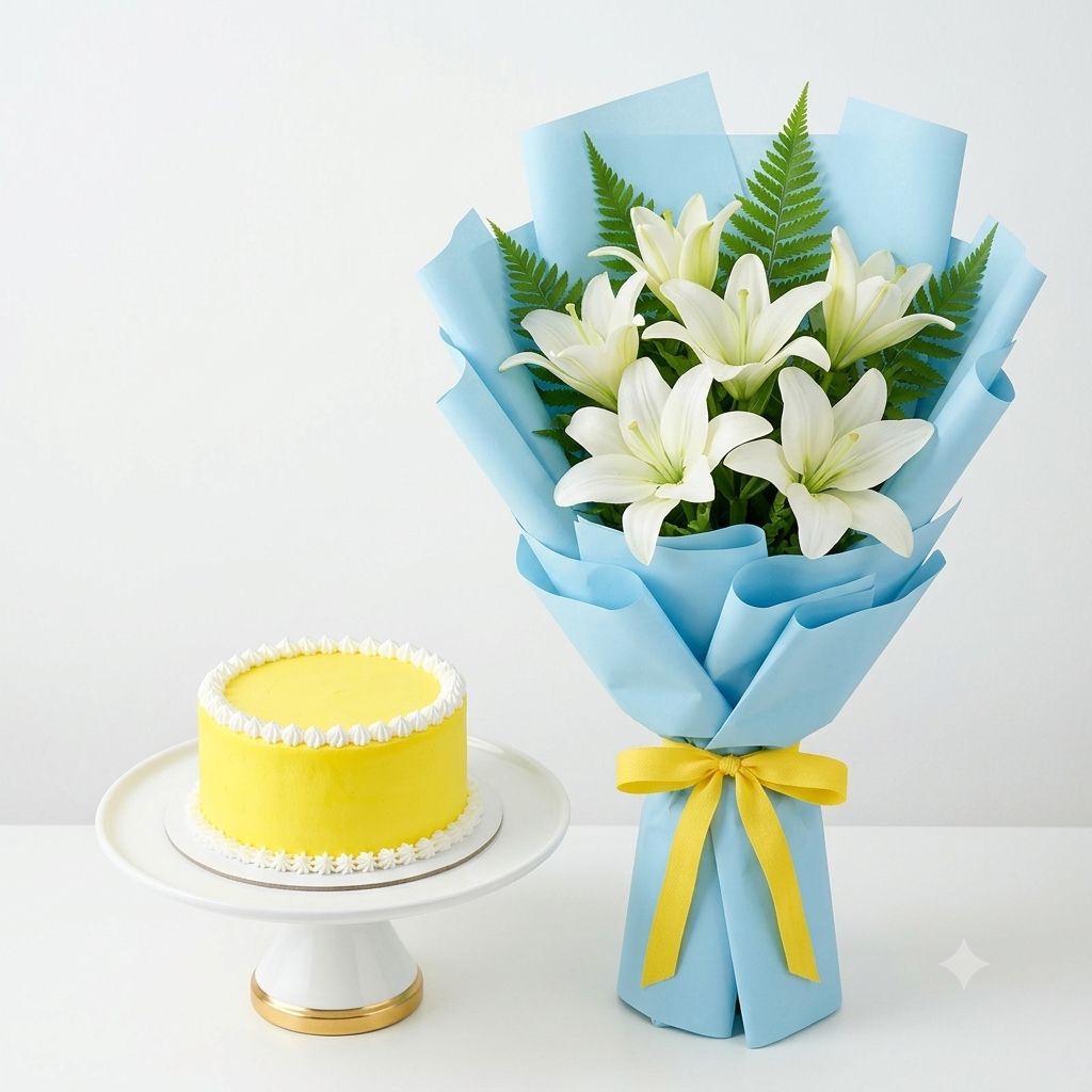 Bright White Lilies and Yellow Birthday Bouquet