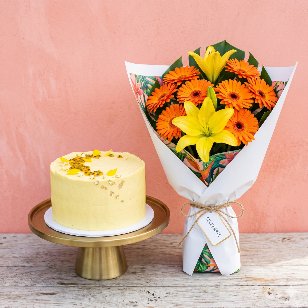 Orange Gerbera Lily Bouquet & Yellow Cake Set