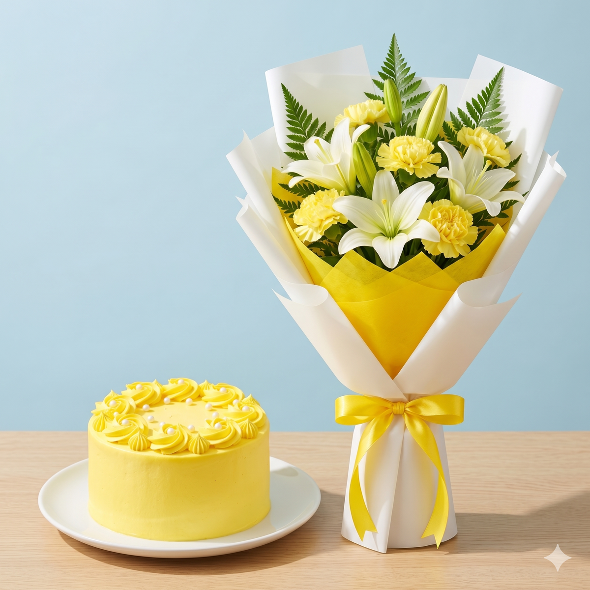 Bright Yellow Lily & Carnation Bouquet Cake Set