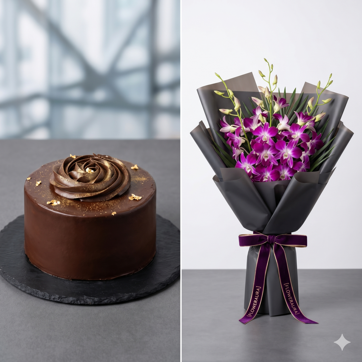 Purple Orchids & Gold Dusted Chocolate Cake