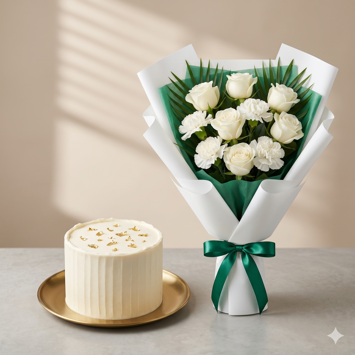 Elegant White Roses Bouquet & Gold Flake Cake Set