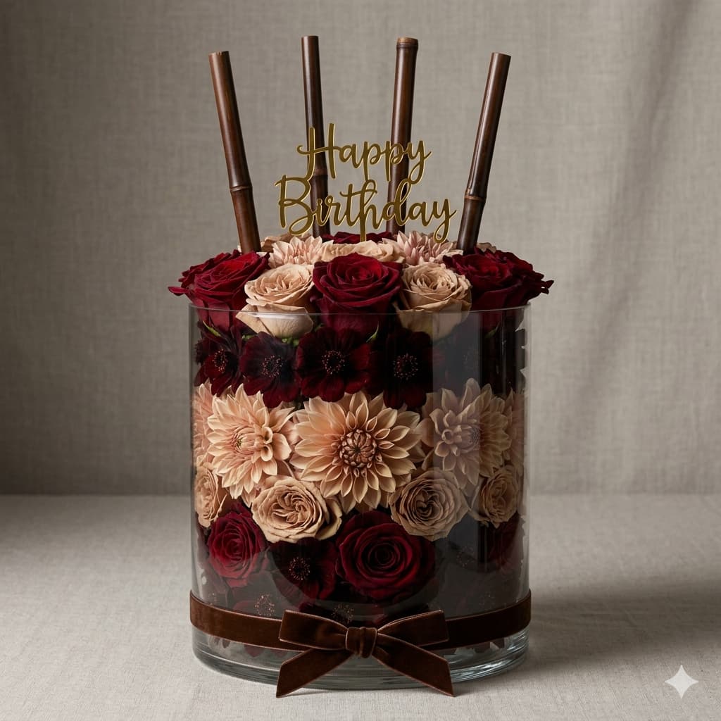 Chocolate-Themed Floral Birthday Cake Arrangement